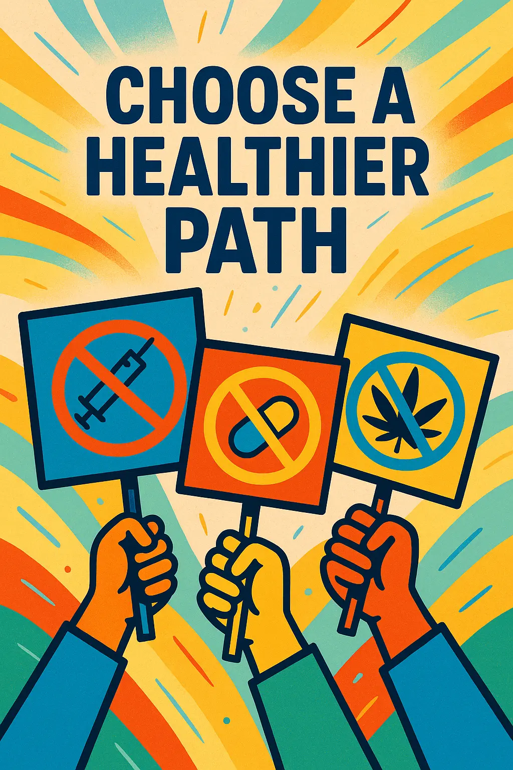 Drug-Free Poster template with protest signs rejecting drugs