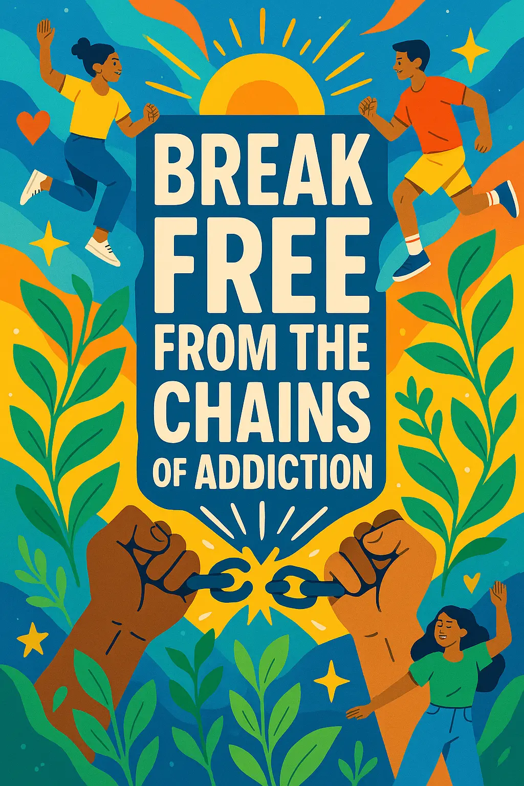 Drug-Free Poster template featuring empowering youth, breaking chains, and vibrant growth symbols.