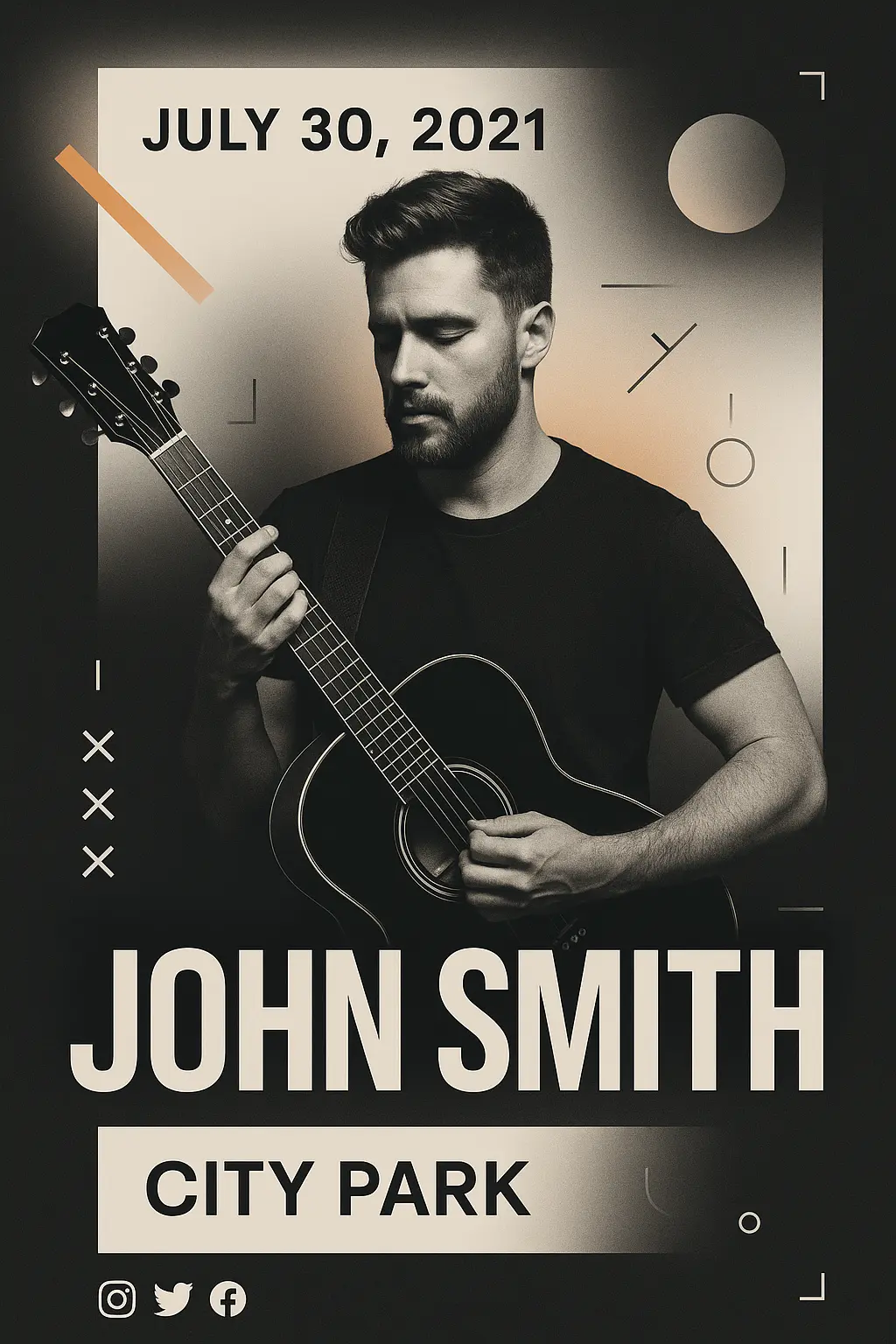 Music event poster template featuring John Smith performing with guitar.