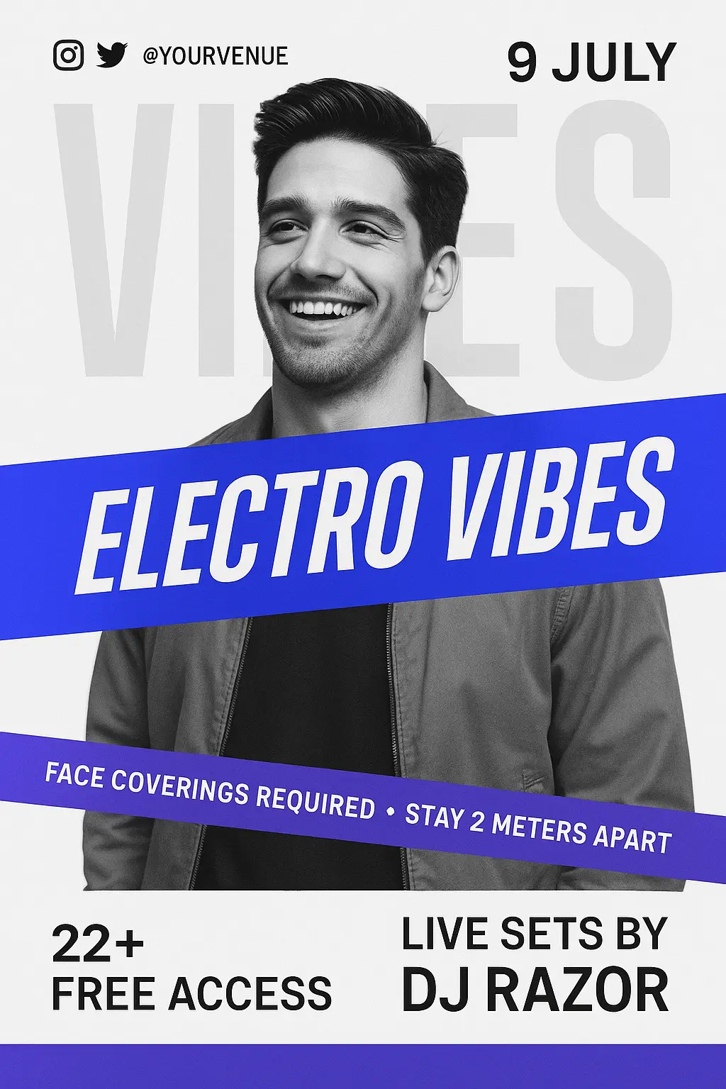 Monochrome DJ Event Poster template with bold blue accents