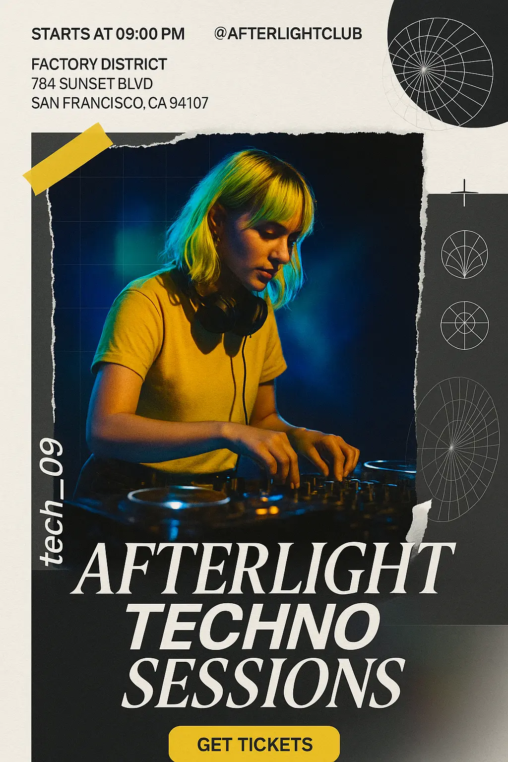 Modern Event Poster template with DJ and techno party theme