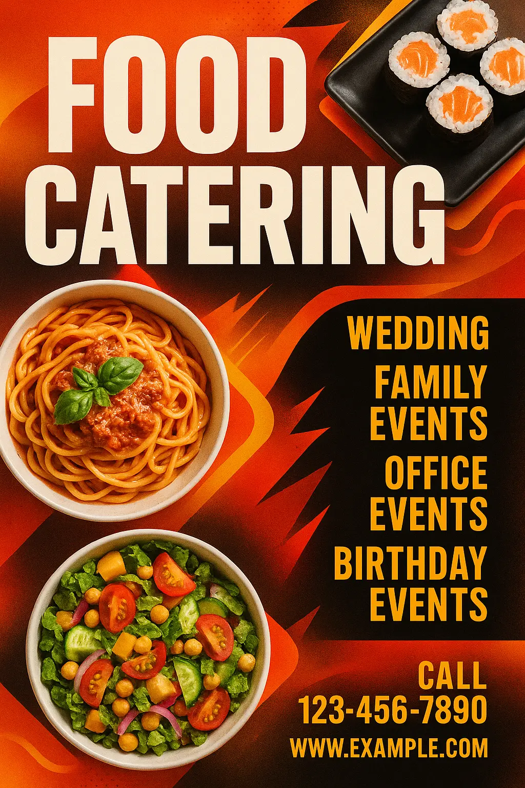 Event Poster template for food catering with vibrant images of sushi, pasta, and salad