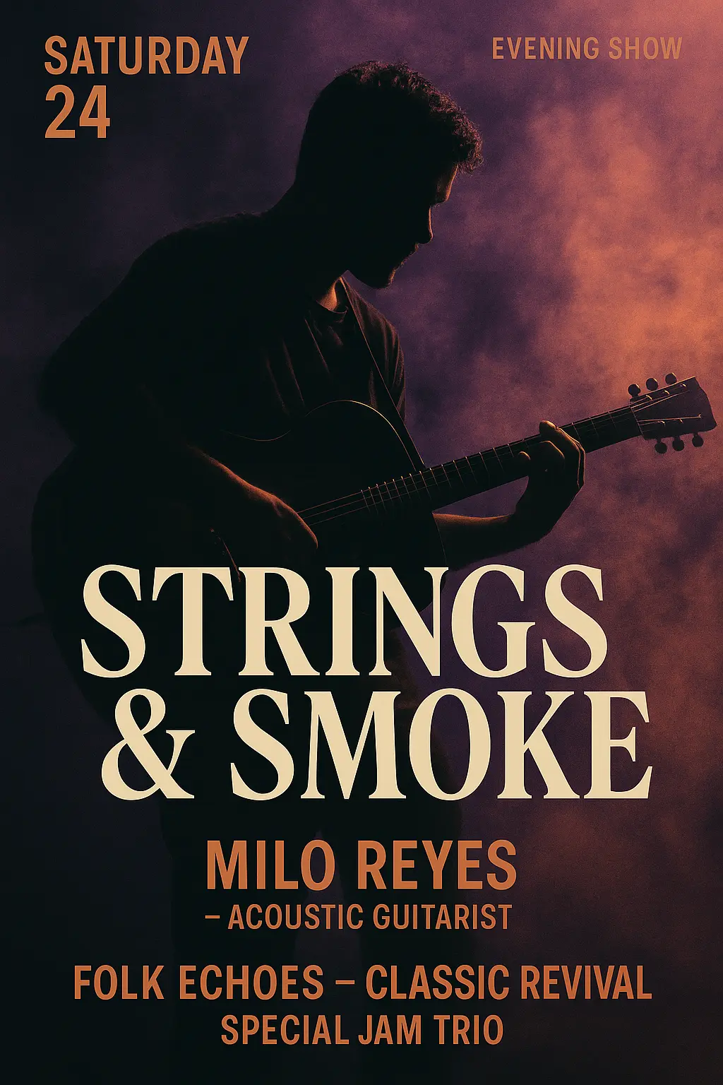 Moody live music Event Poster template with smoky guitar theme