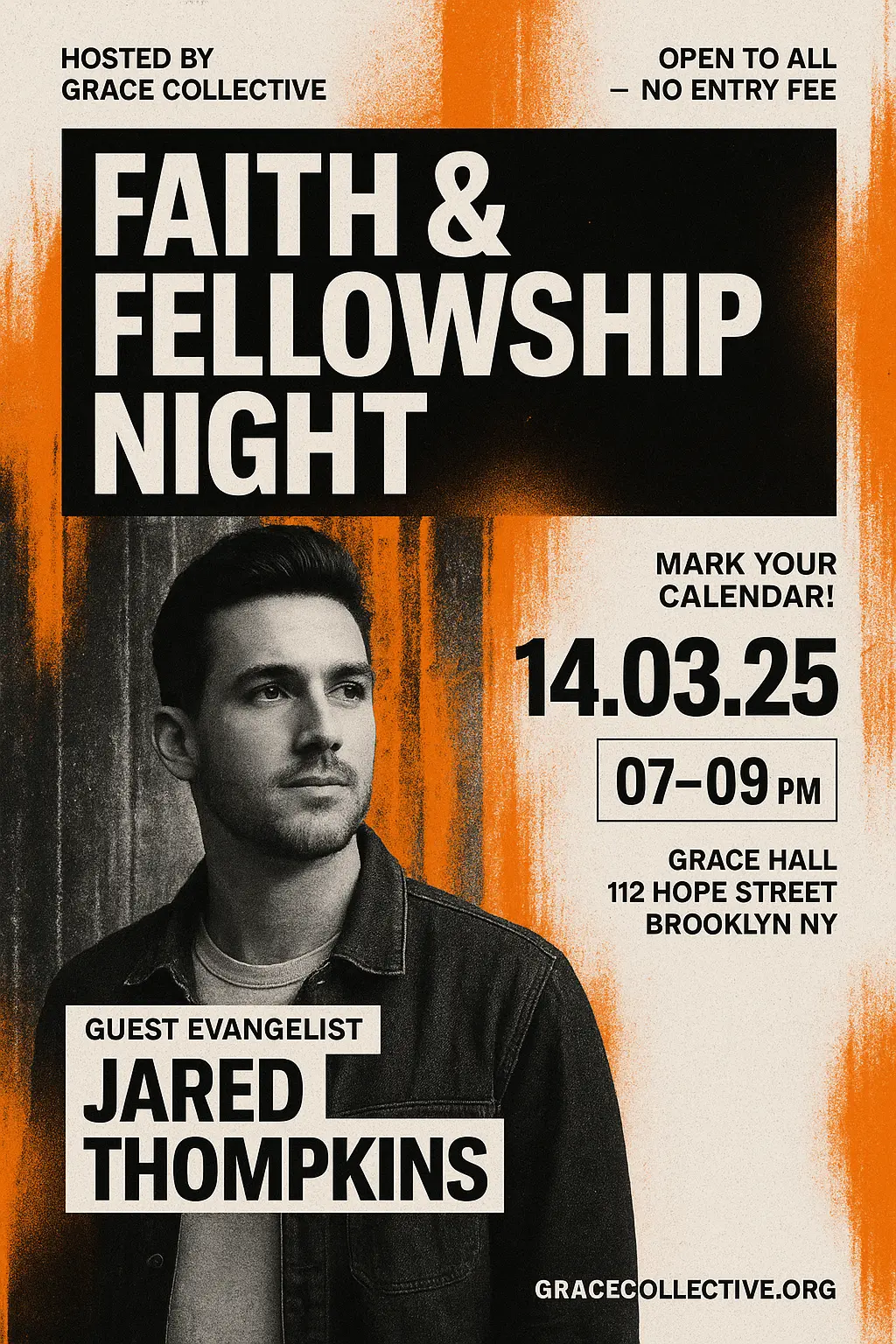 Modern church event poster template with bold layout and grayscale portrait