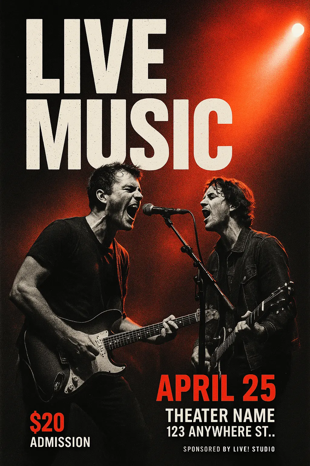 Event Poster template featuring live music performance and musicians on stage