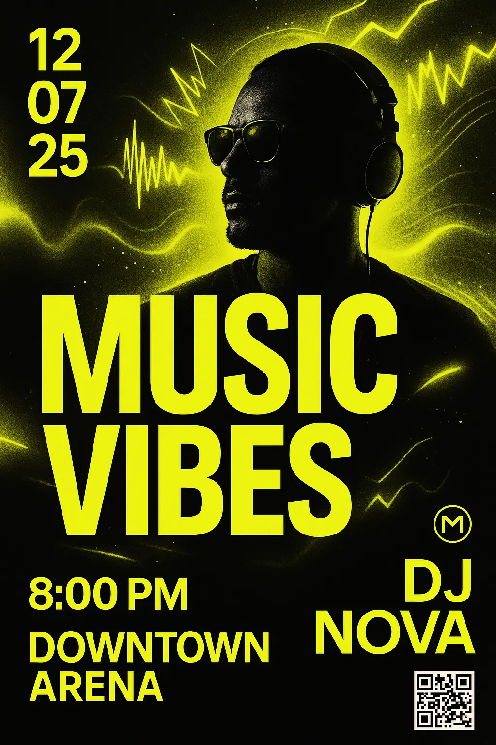 Event Poster template featuring bold typography and vibrant DJ silhouette.