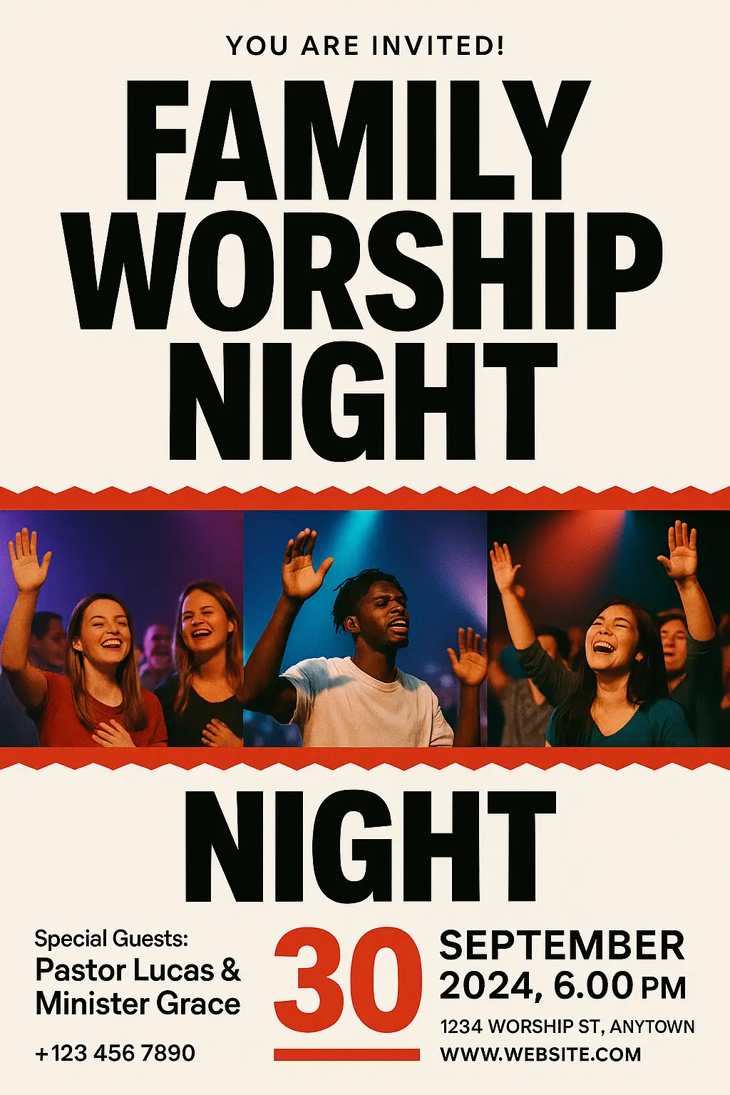 Event Poster template for community worship night with bold text and crowd photos