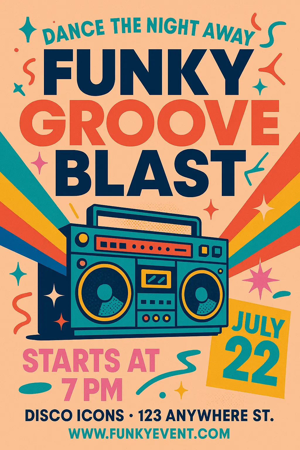 Retro Event Poster template with colorful boombox and bold text