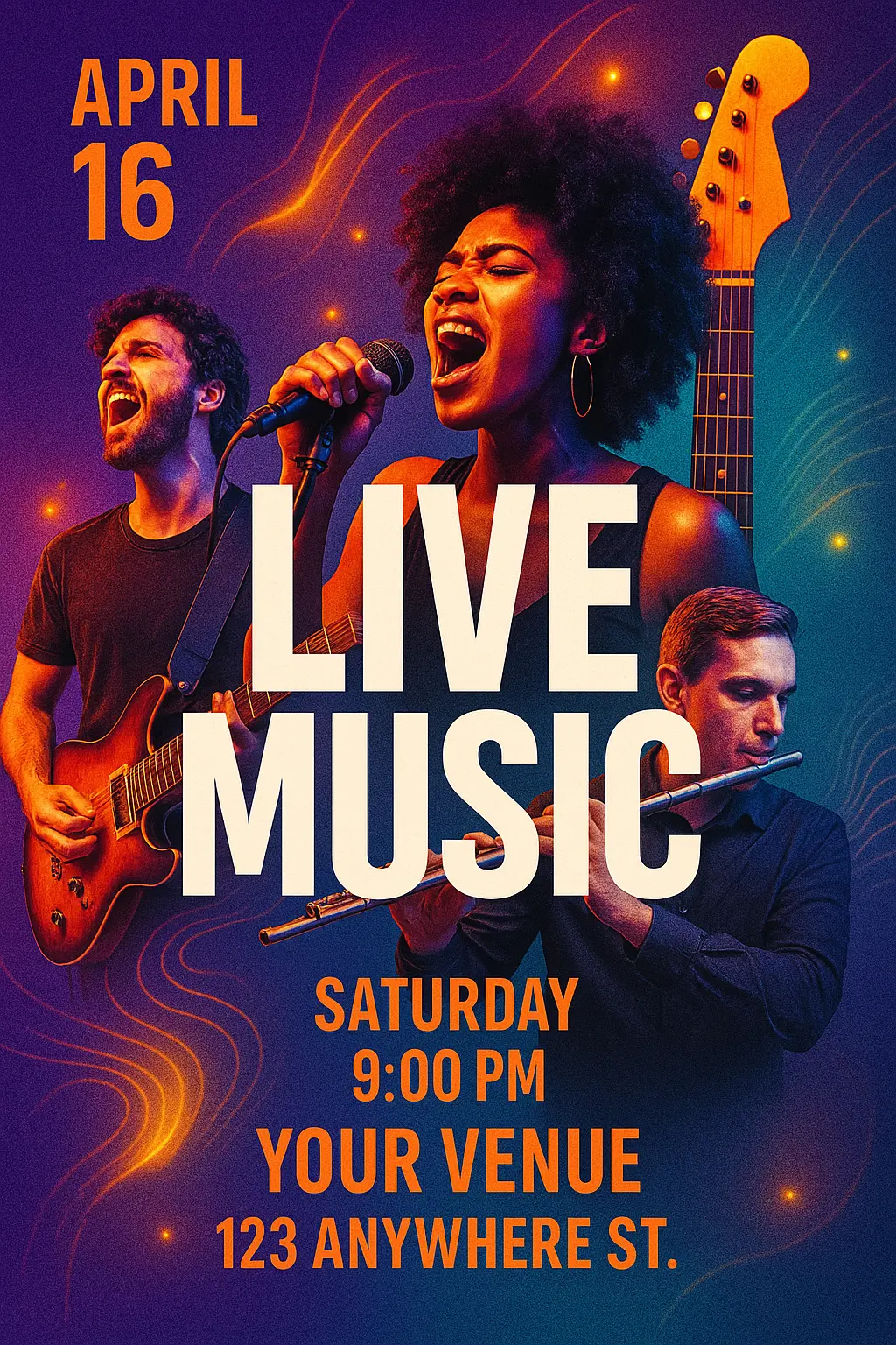 Event Poster template featuring vibrant live music concert design