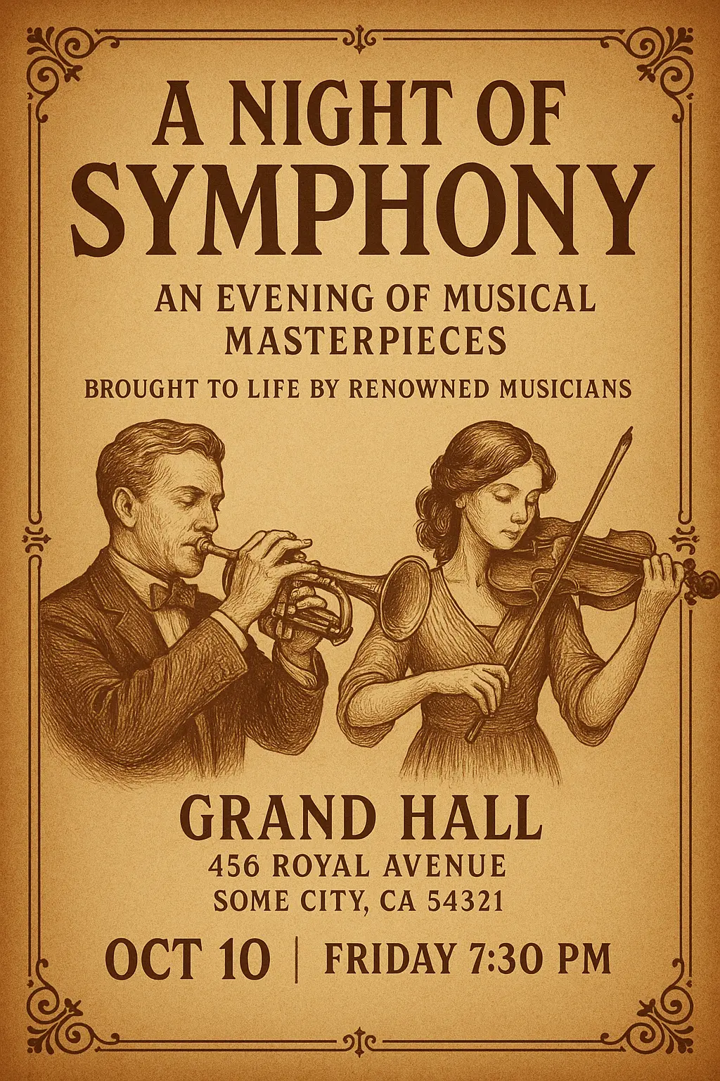 Event Poster template for a classical symphony concert with vintage design.