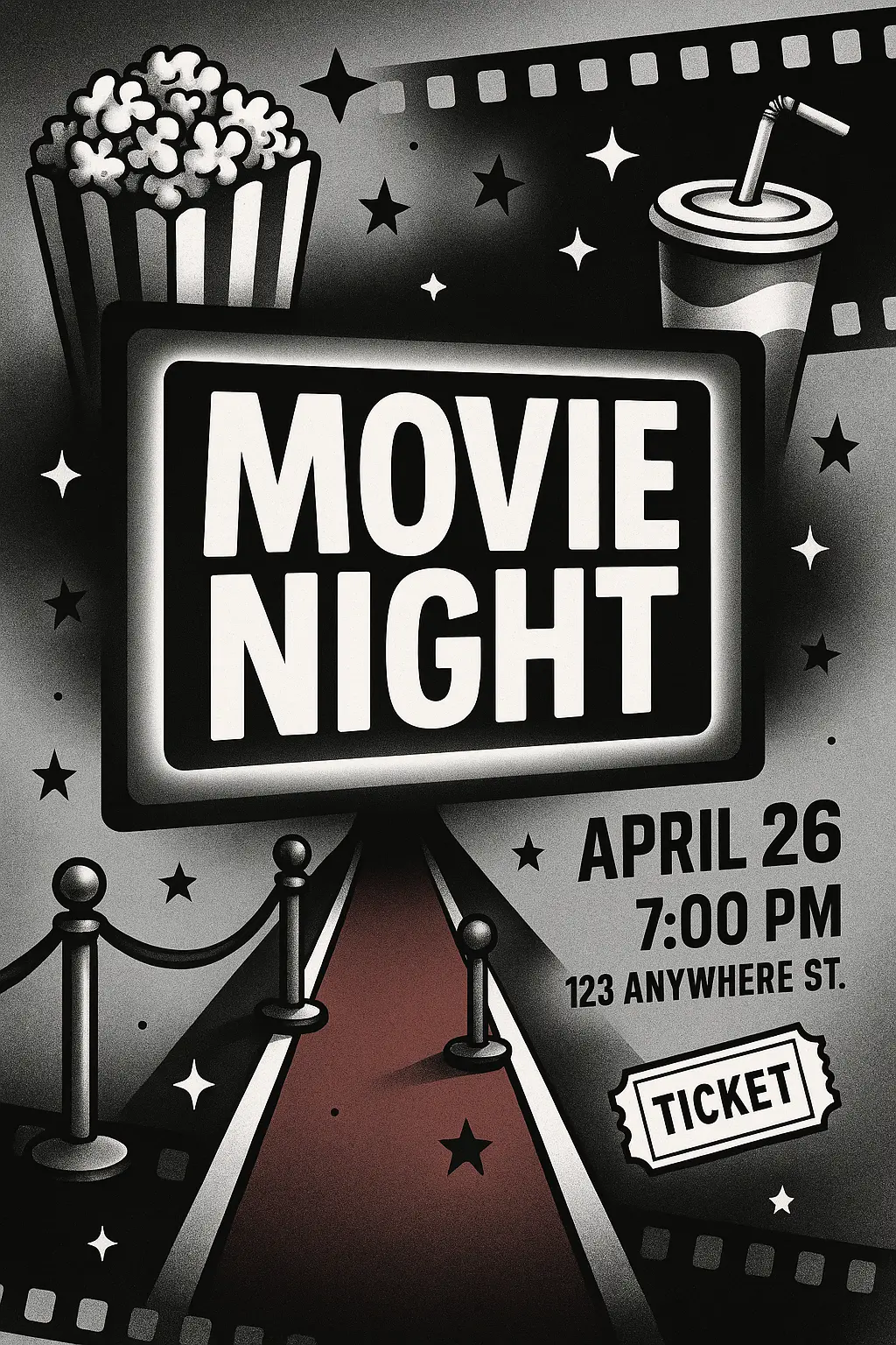 Movie Night Event Poster template featuring film reel, popcorn, and drinks