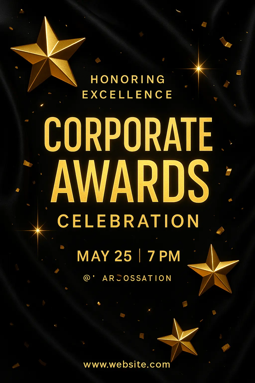 Luxury Event Poster template with gold stars and black silk backdrop
