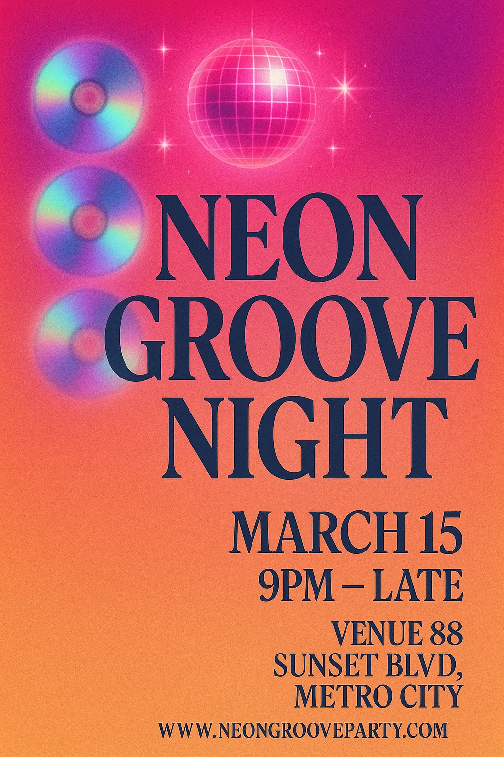 Retro neon Event Poster template with disco ball and CDs