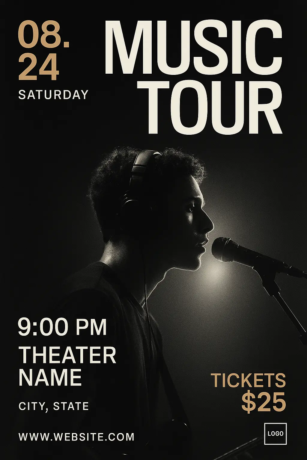 Music event poster template with performer silhouette and ticket details
