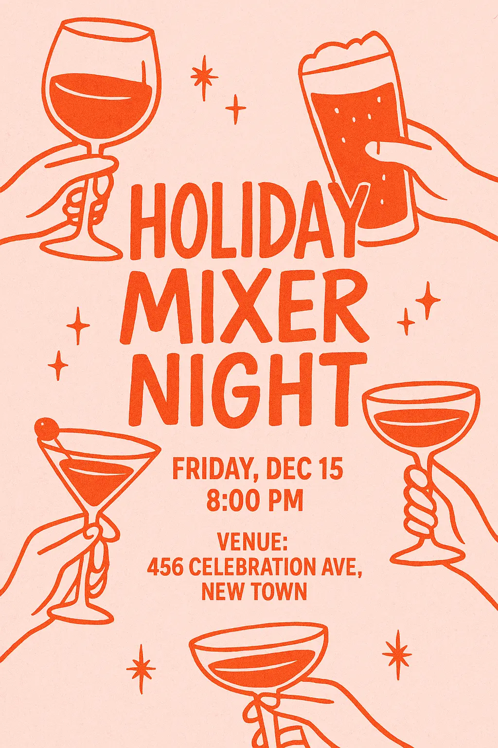 Event Poster template with illustrated hands holding festive cocktails