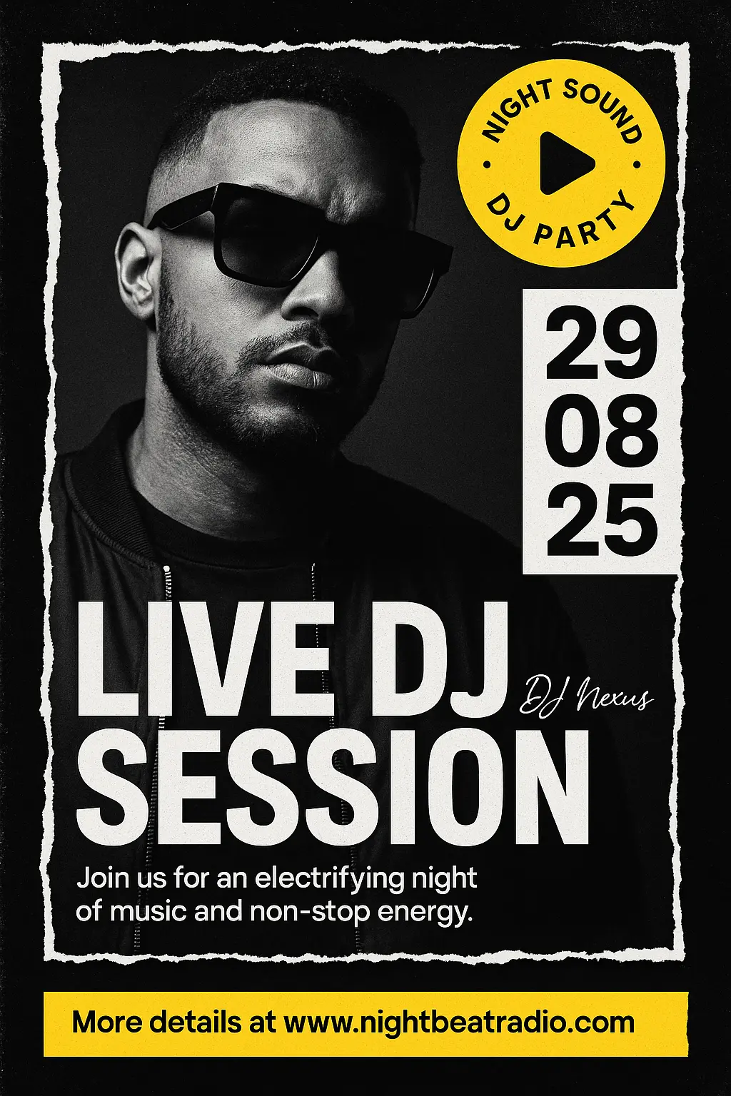 Monochrome DJ Event Poster template with bold yellow accents