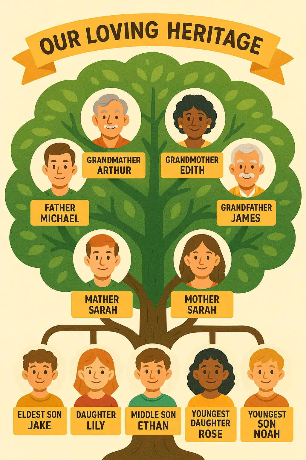 Colorful Family Tree Poster template with cartoon portraits