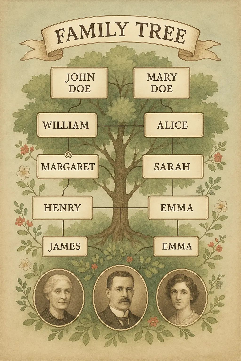 Vintage Family Tree Poster template with generations in elegant layout