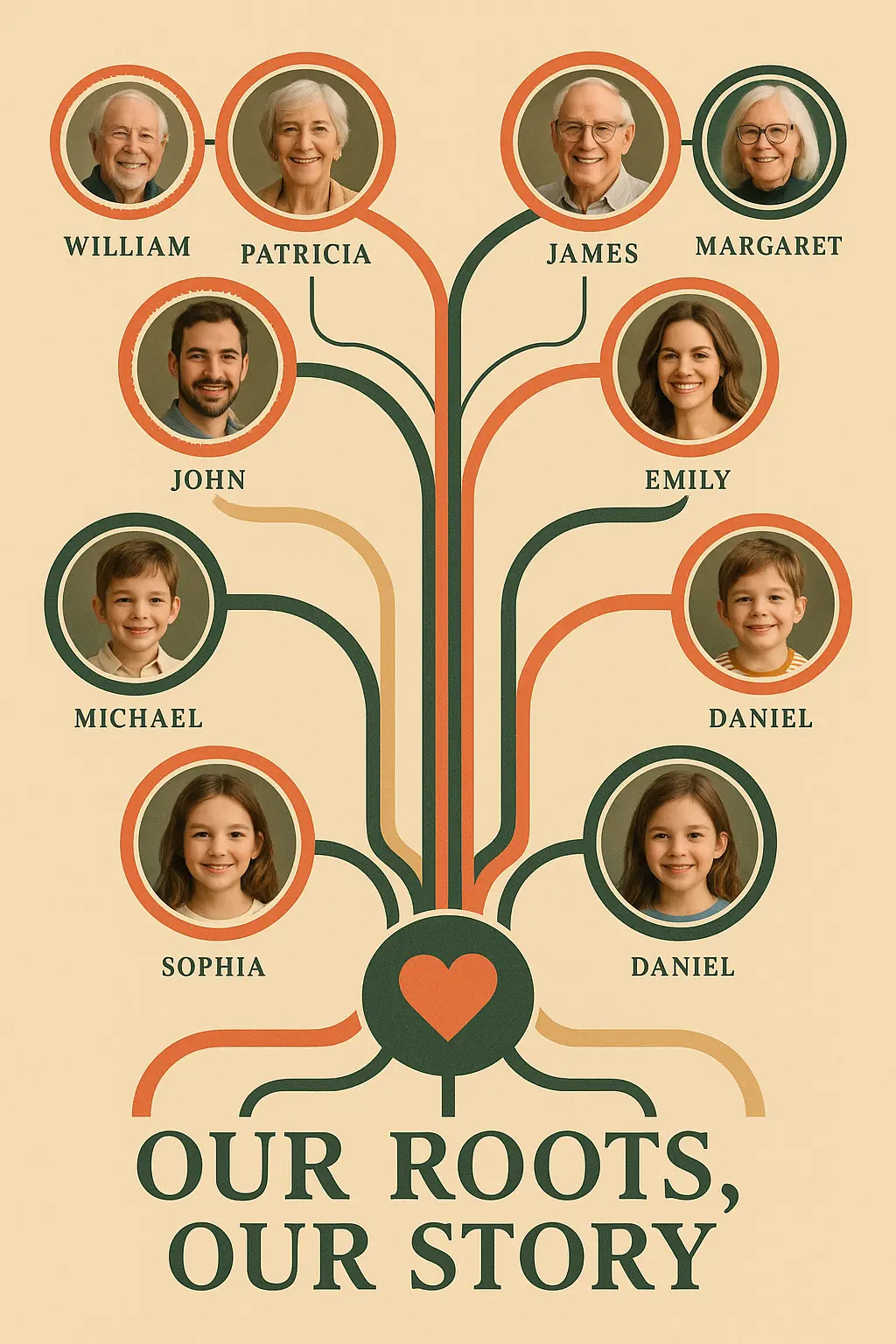 Modern Family Tree Poster template with photo circles and heart icon