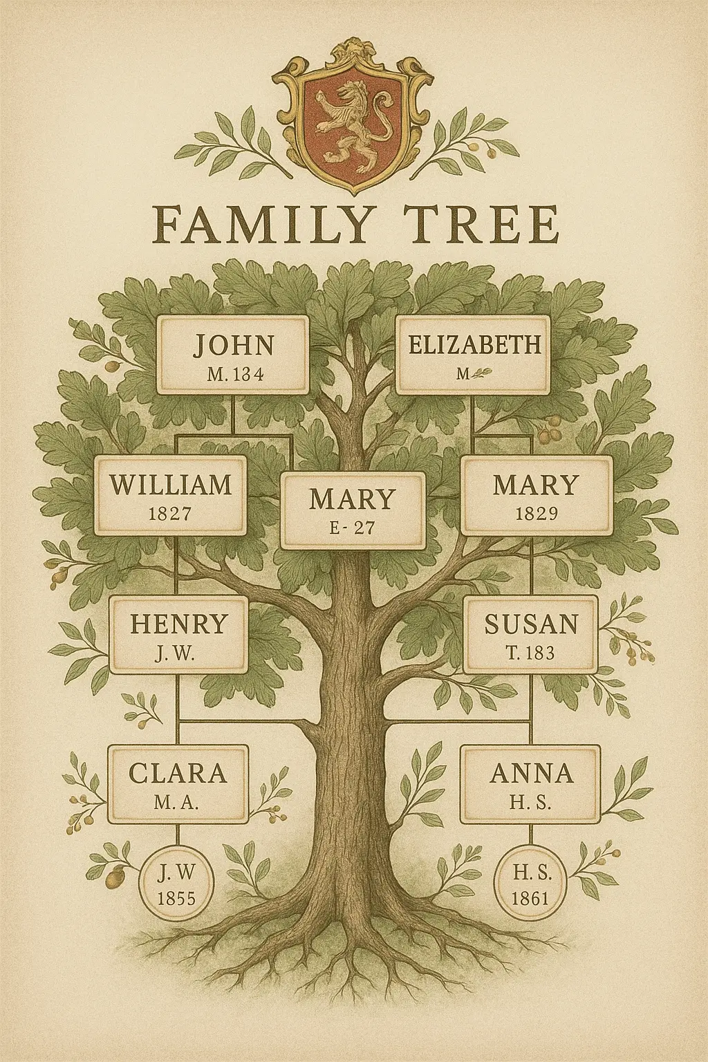 Family Tree Poster template with vintage illustration and symmetrical layout