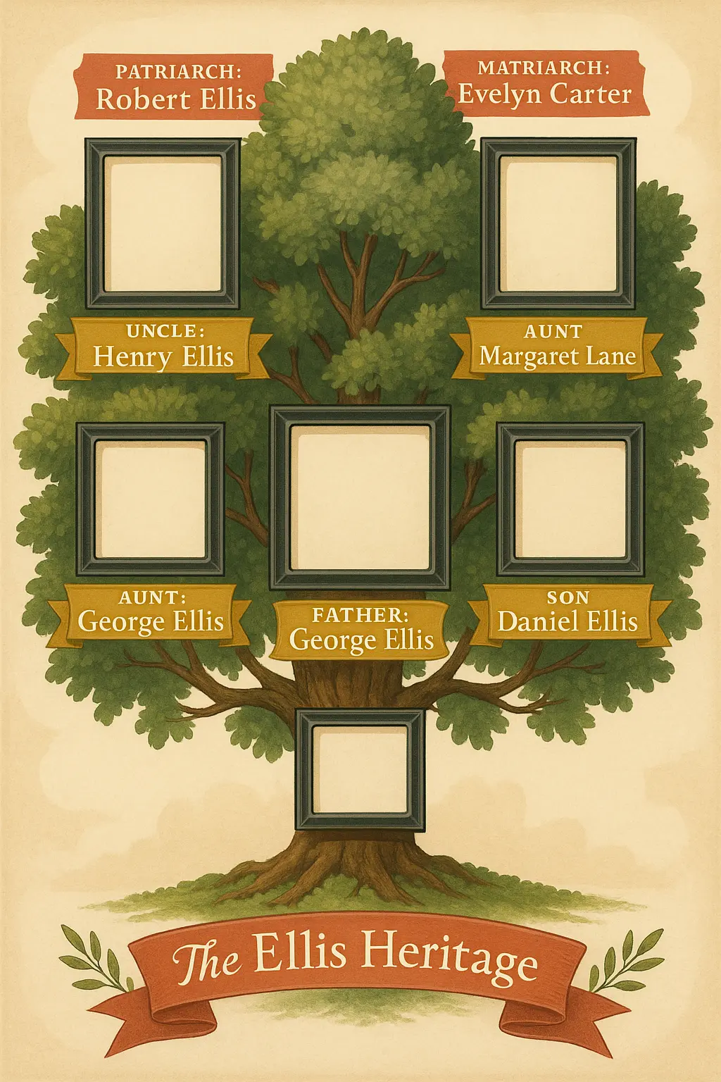 Vintage Family Tree Poster template with framed photo spaces