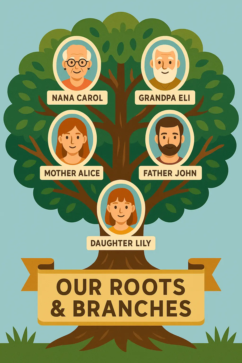 Colorful Family Tree Poster template with illustrated portraits
