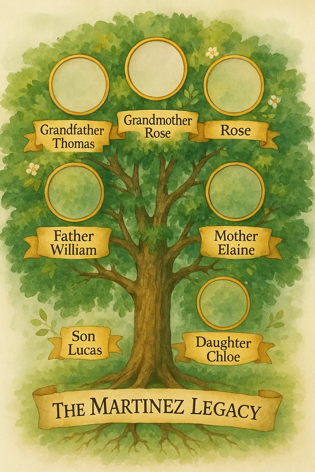 Watercolor Family Tree Poster template with six labeled photo frames