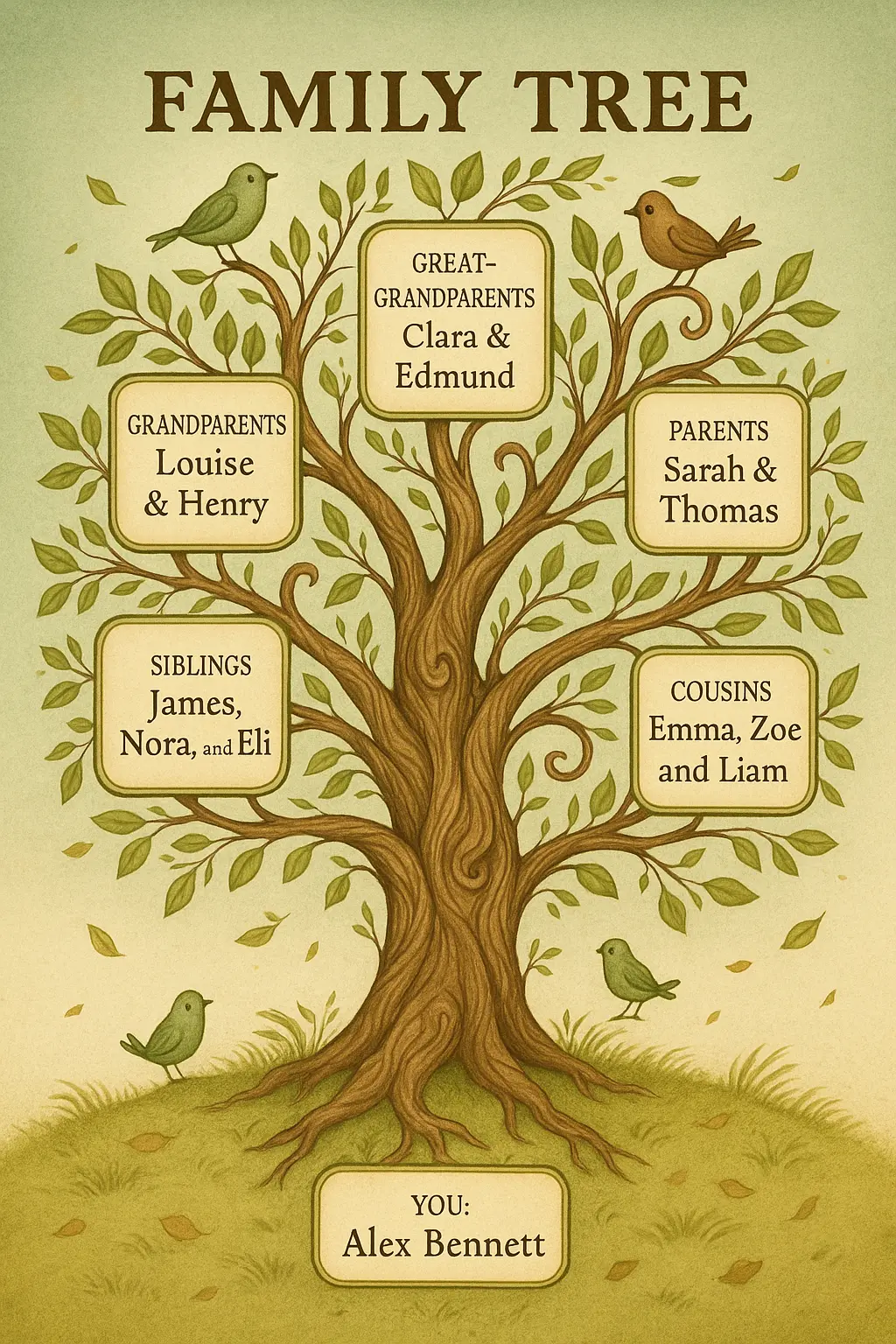 Whimsical Family Tree Poster template with birds and green frames