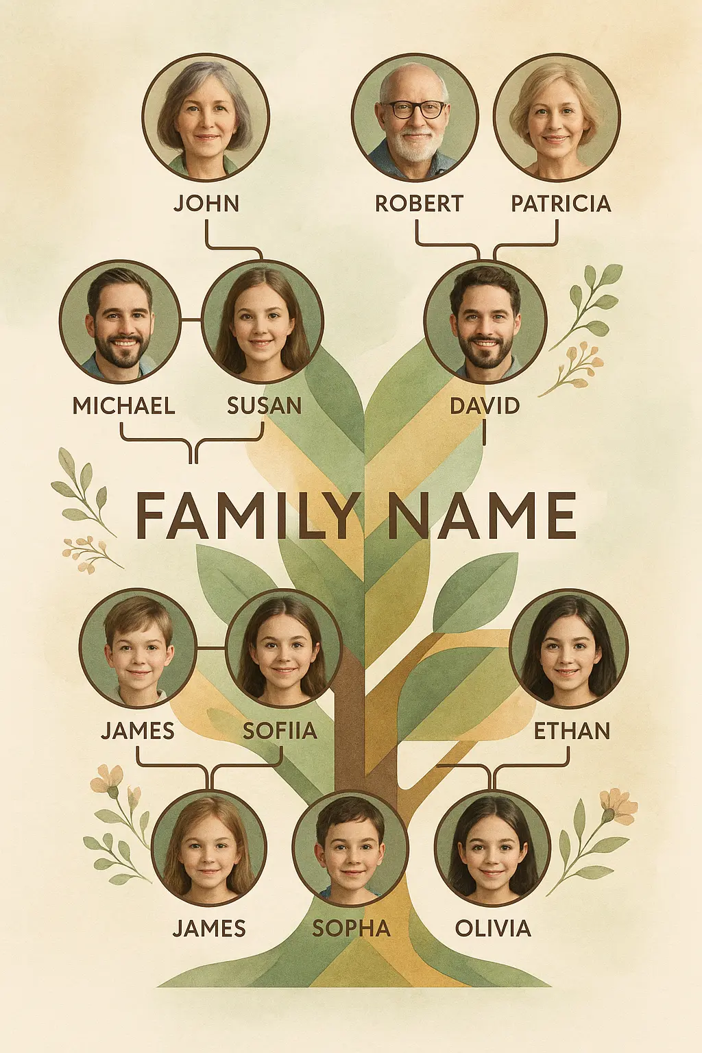 Family Tree Poster template with elegant geometric tree and family photos.