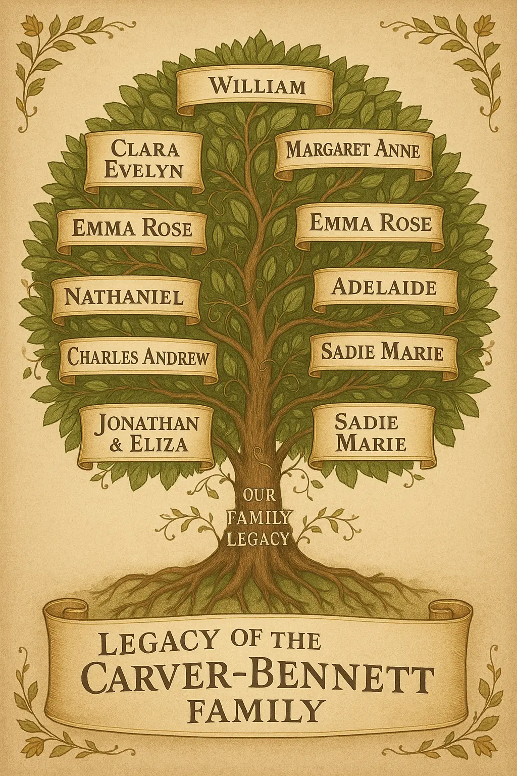 Vintage Family Tree Poster template with scroll name frames