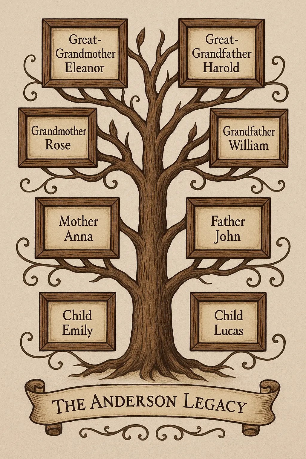 Vintage Family Tree Poster template with eight framed portraits