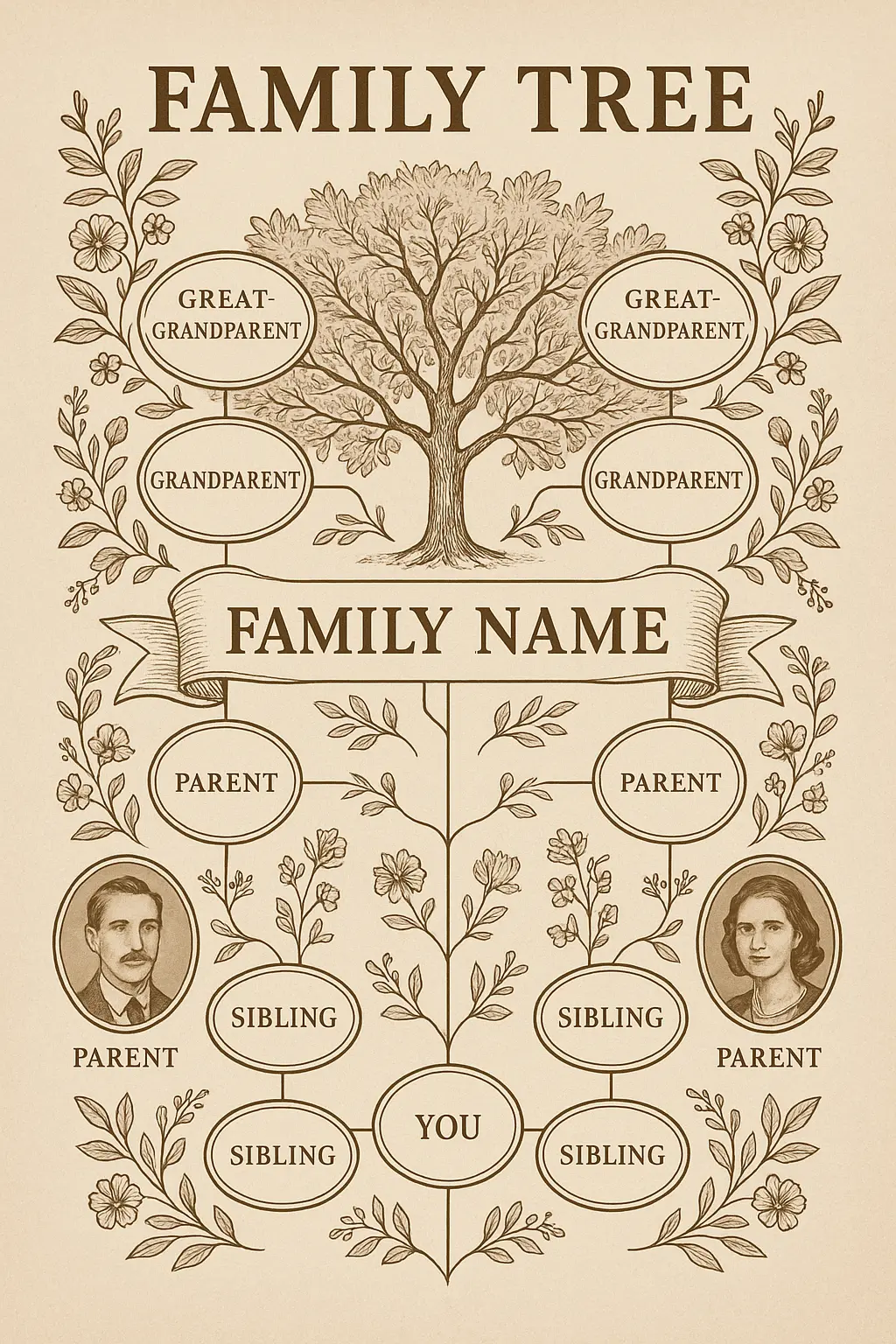 Vintage Family Tree Poster template with generations, floral accents.
