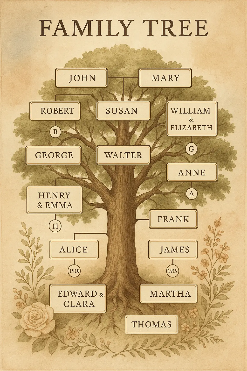 Family Tree Poster template with vintage tree motif and family names