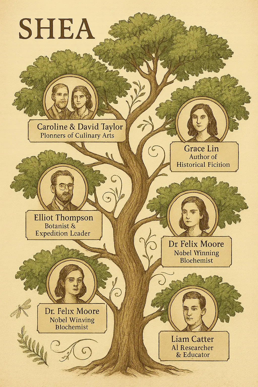 Vintage Family Tree Poster template with names and portraits