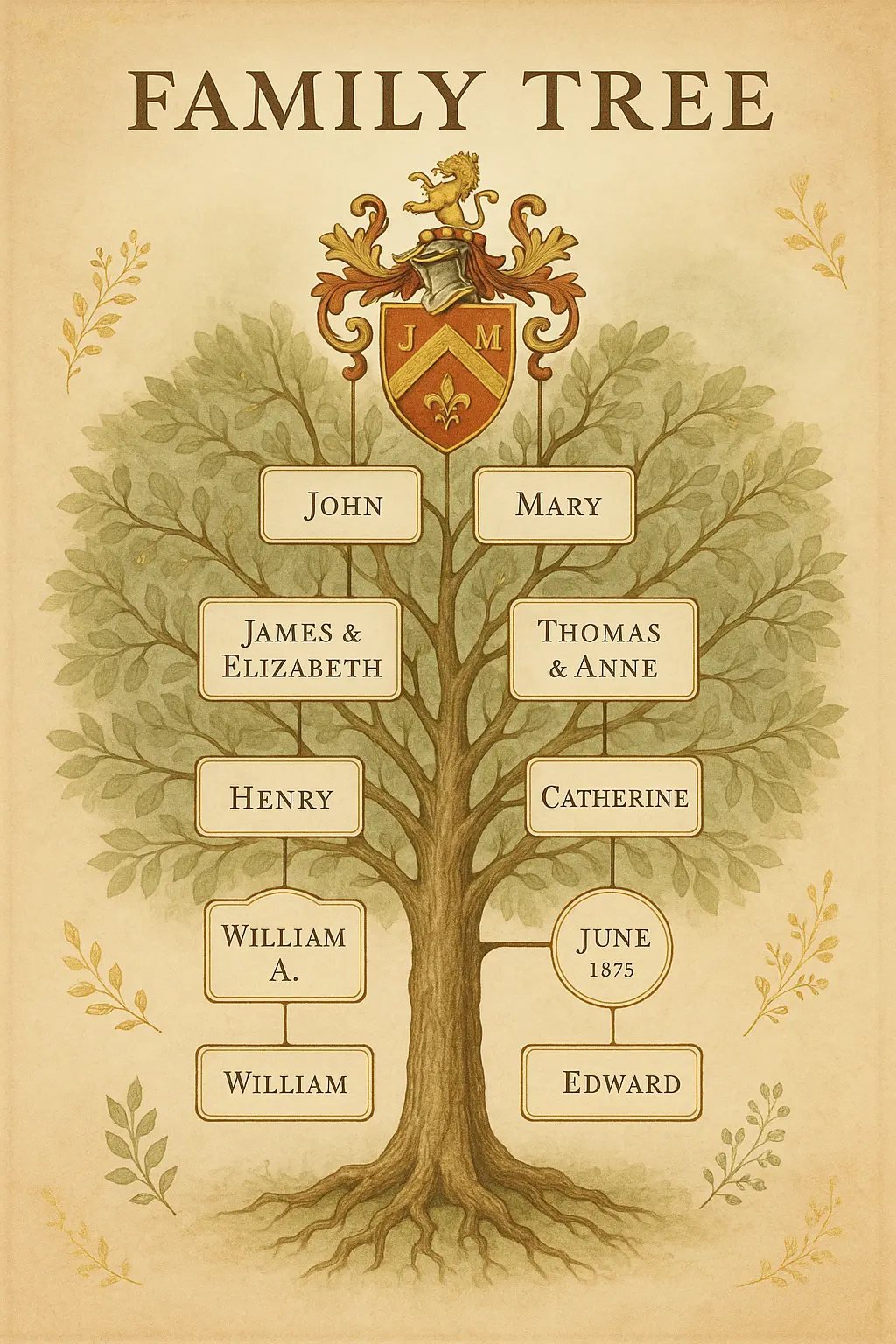 Family Tree Poster template with vintage illustration and earthy tones