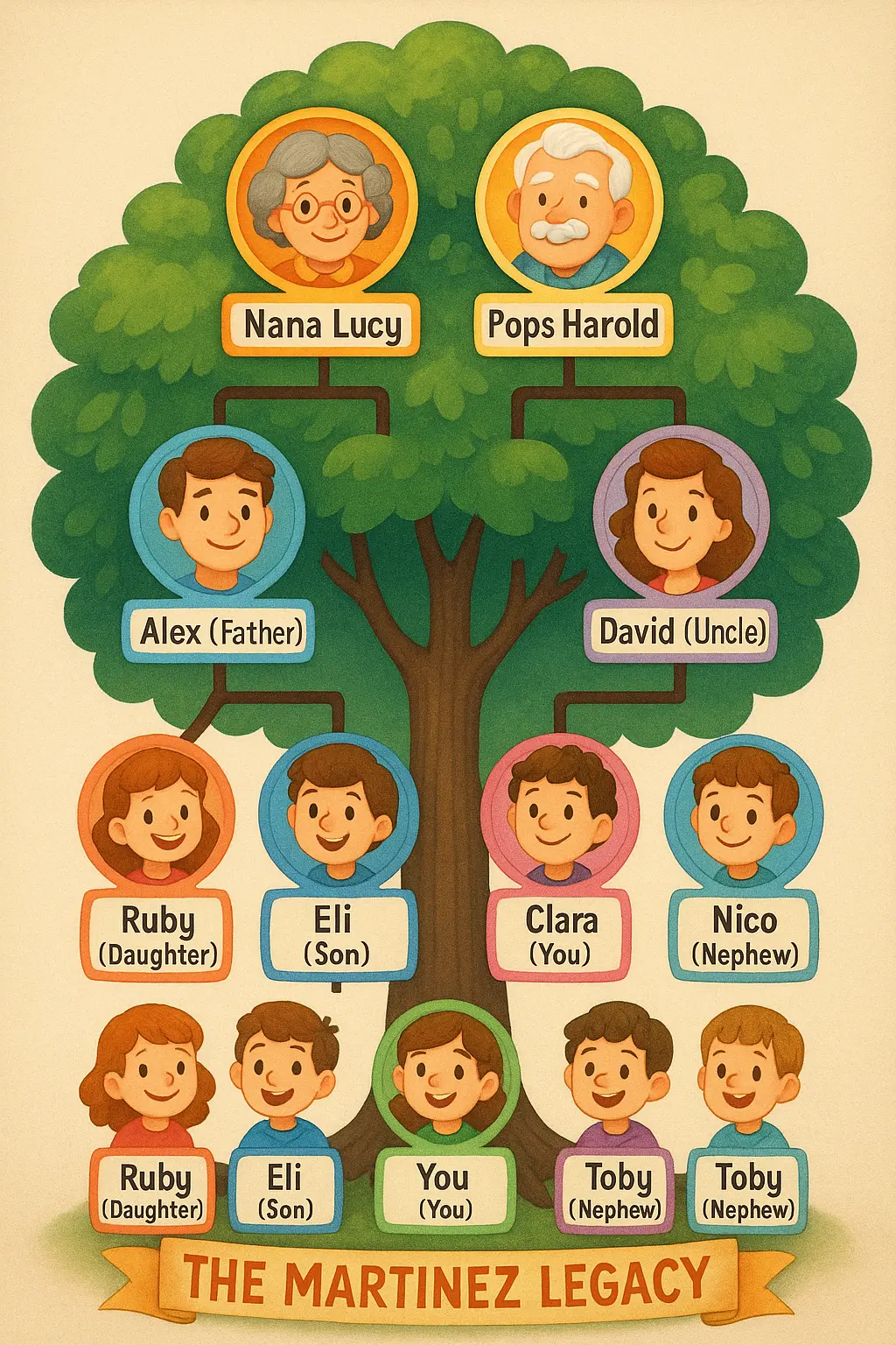 Whimsical Family Tree Poster template with cartoon portraits on a lush tree