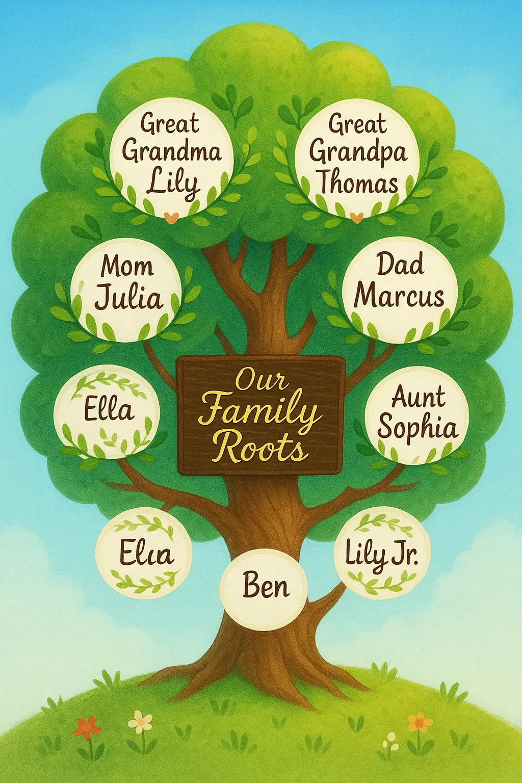 Colorful Family Tree Poster template with names on leafy tree