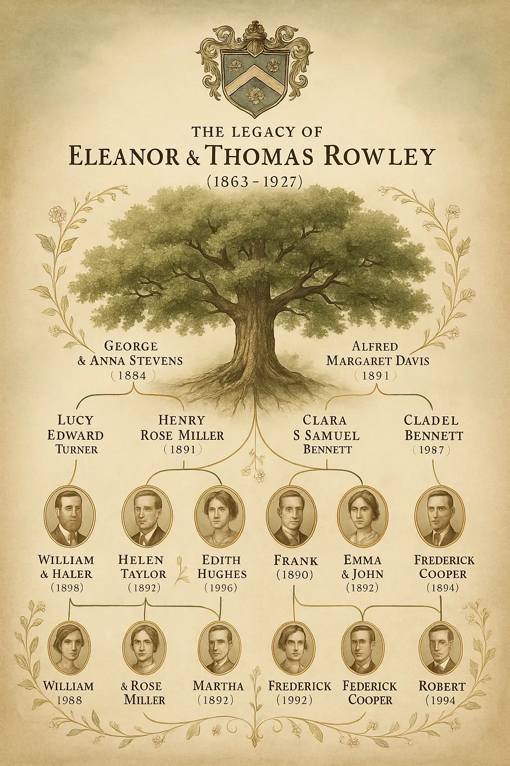Vintage Family Tree Poster template with oak tree and branching names