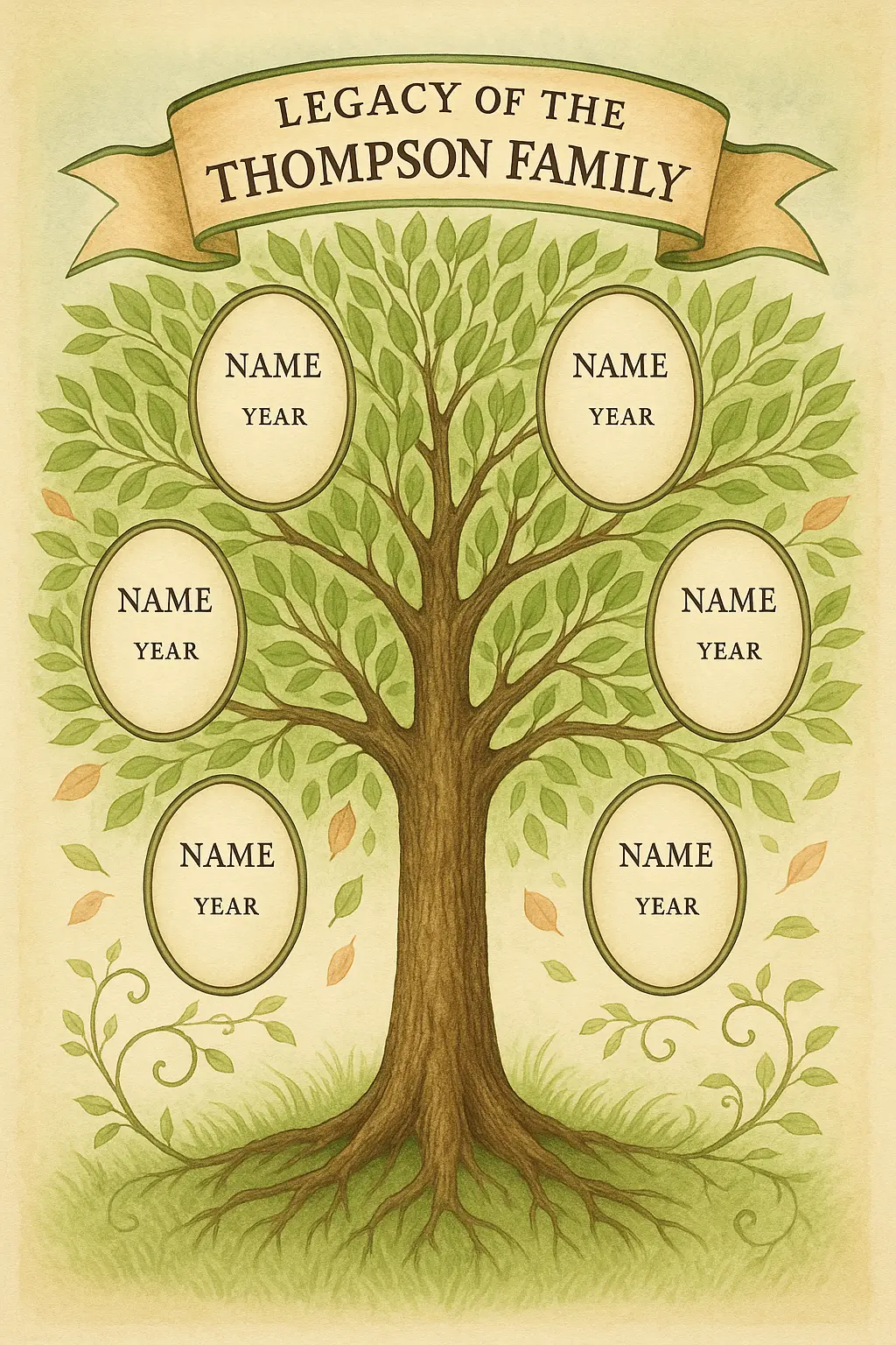 Vintage Family Tree Poster template with green leaves and name ovals