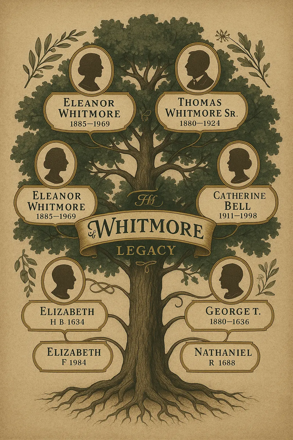 Vintage Family Tree Poster template with branching oak design