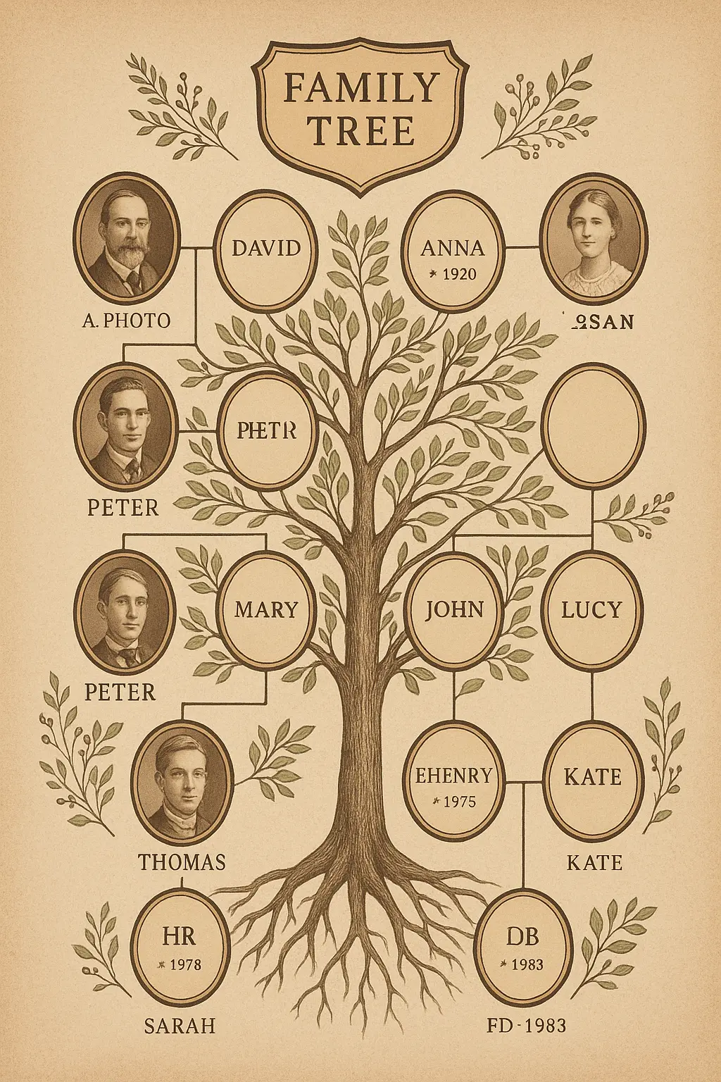 Vintage Family Tree Poster template with branching generations and oval photo frames