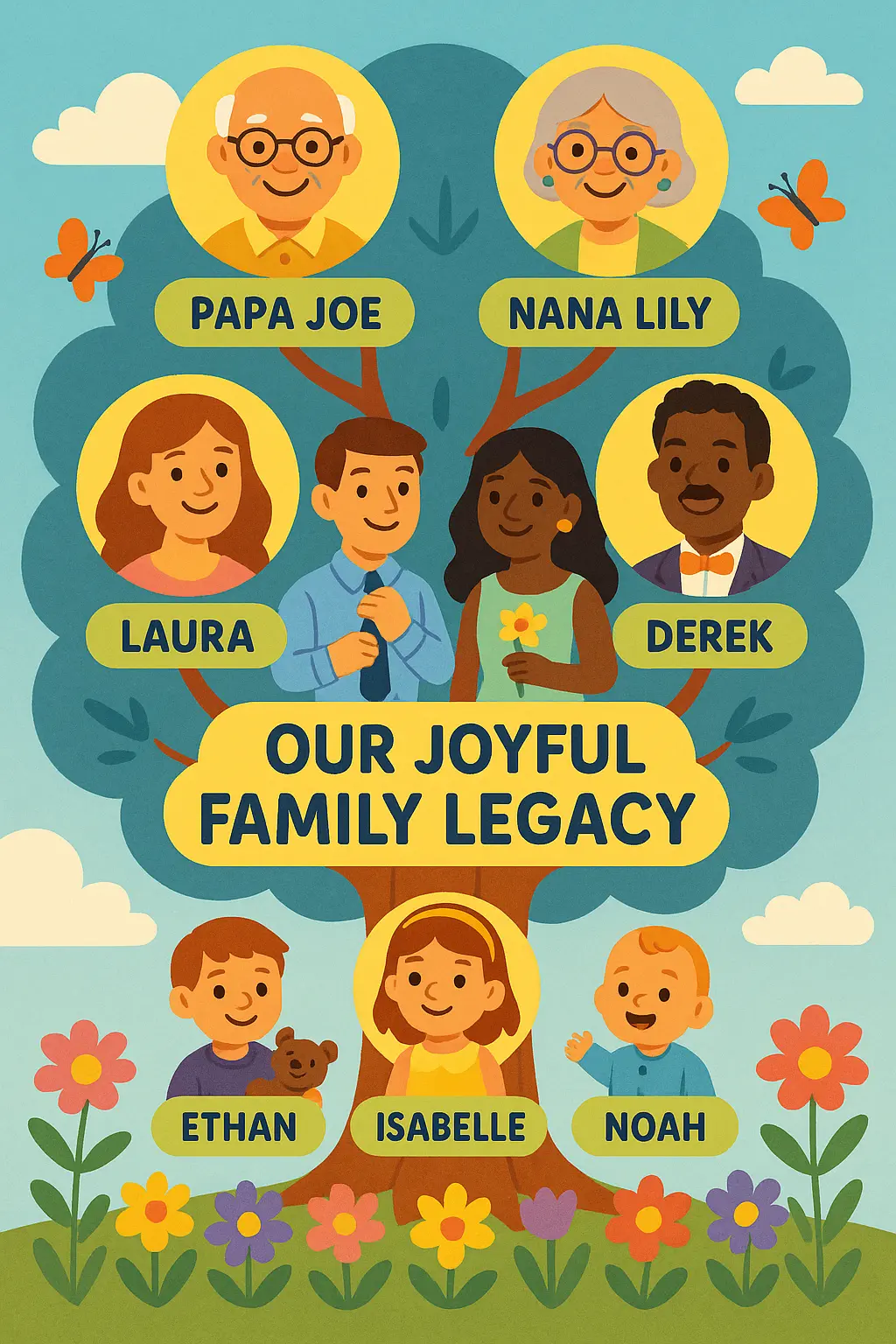 Colorful Family Tree Poster template with illustrated relatives