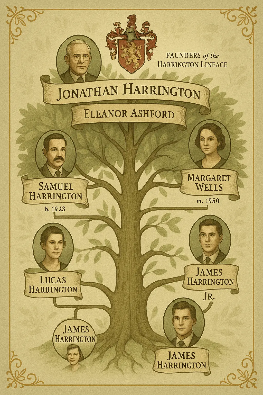 Vintage Family Tree Poster template with tree and labeled names