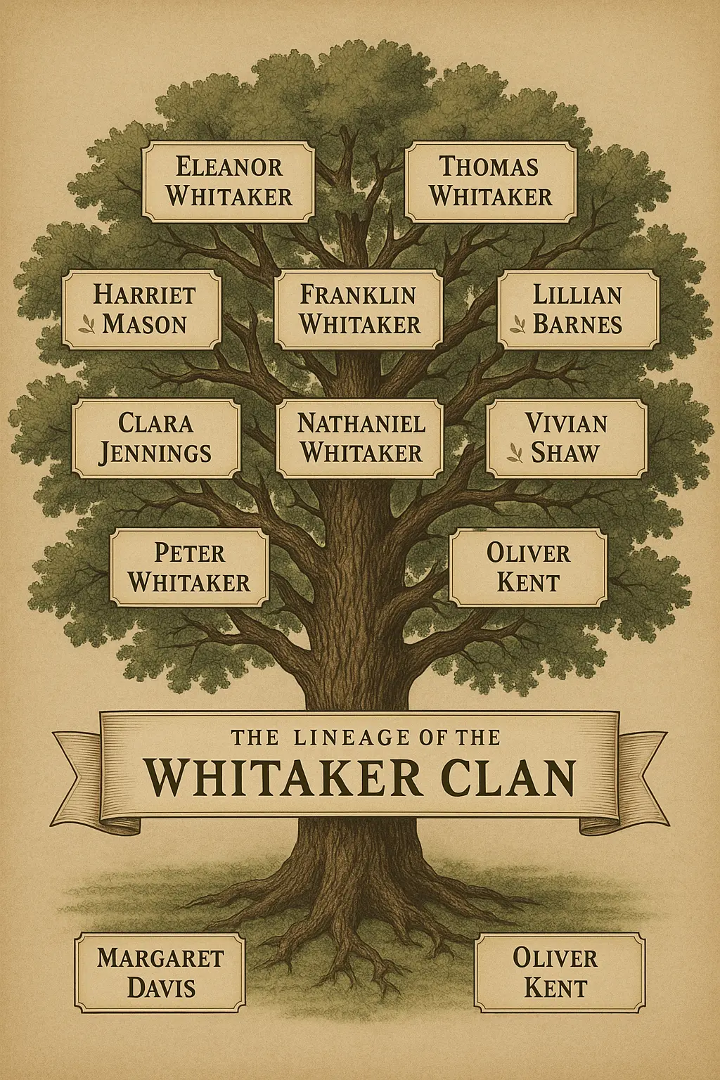 Vintage Family Tree Poster template with branching oak and nameplates
