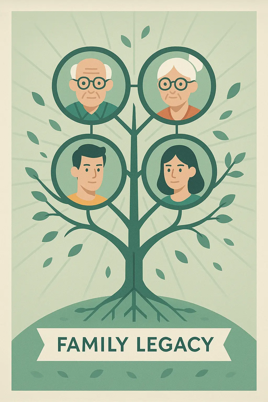Modern geometric Family Tree Poster template with family members in circular frames.