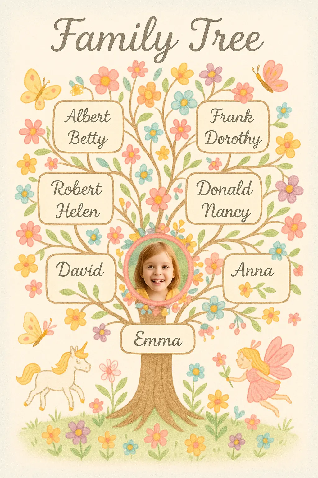 Colorful Family Tree Poster template with playful design and personalized photo