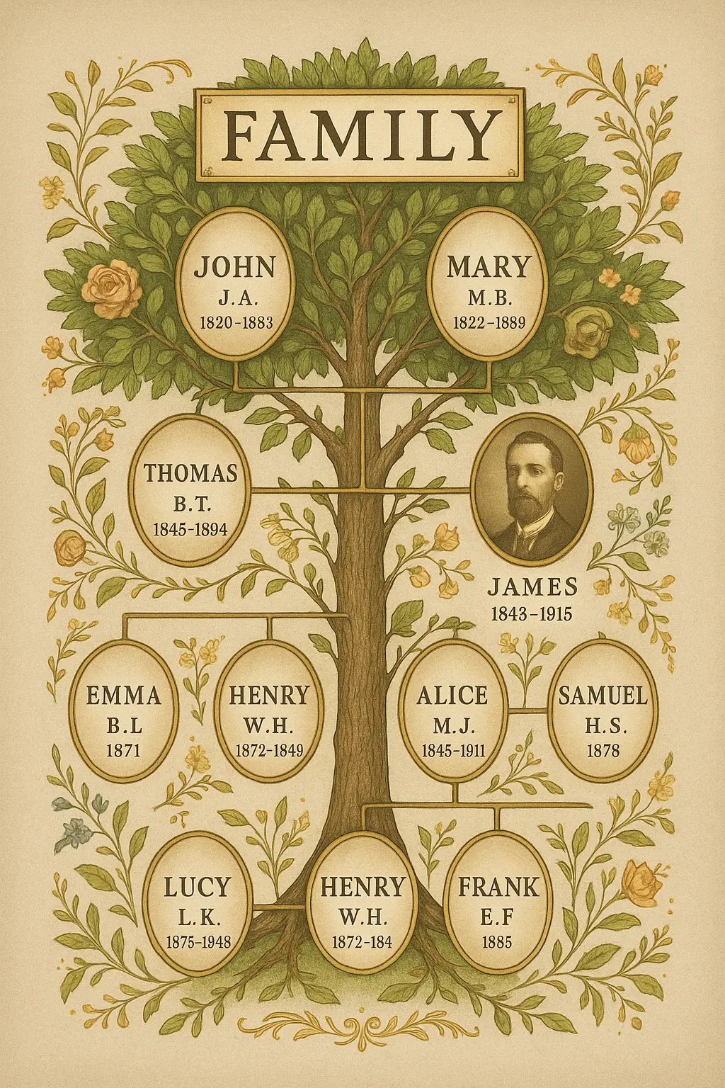 Family Tree Poster template with vintage illustration style and elegant family name layout