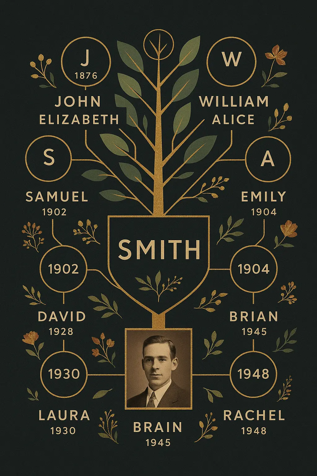 Family Tree Poster template with geometric design and photo frames
