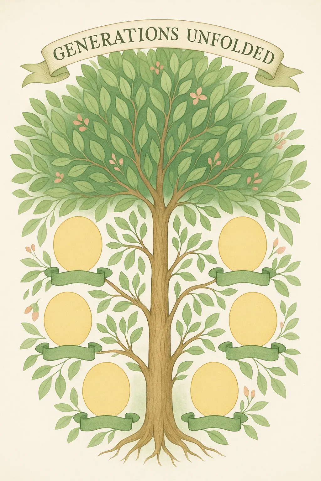 Family Tree Poster template with botanical design and circular placeholders