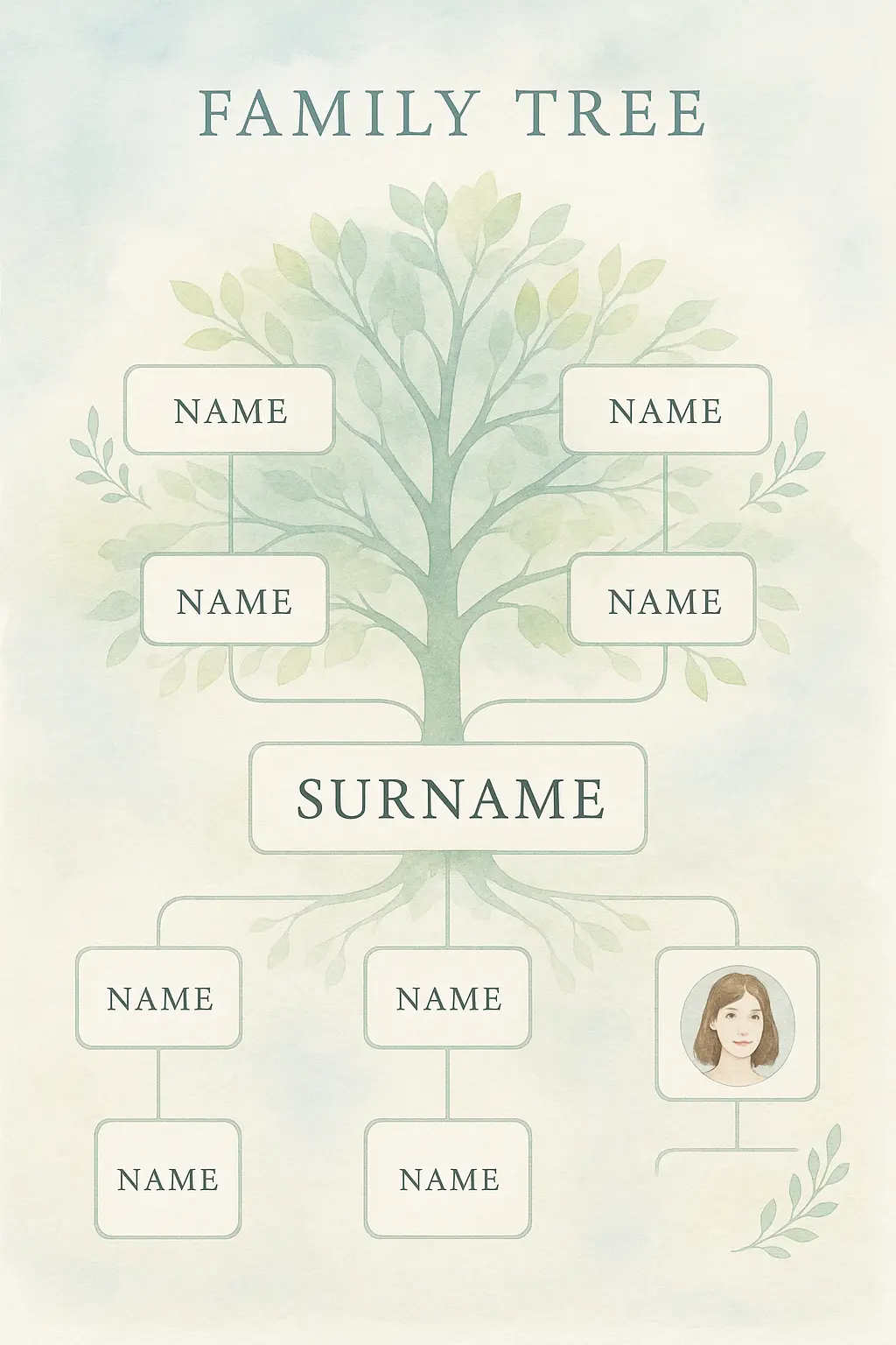 Family Tree Poster template featuring a watercolor tree with family members' portraits